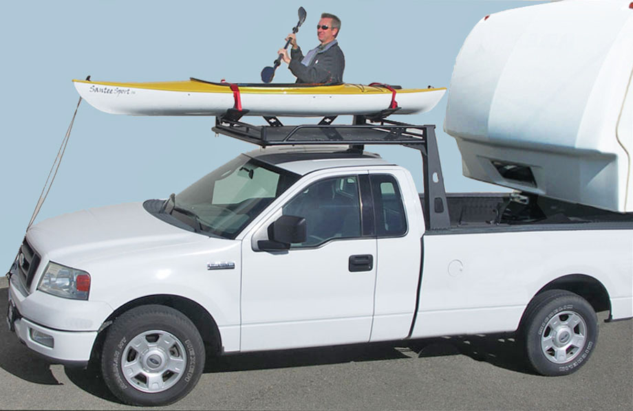Overhead Kayak Truck Rack is sturdy and mounts with a 5th Wheel Trailer