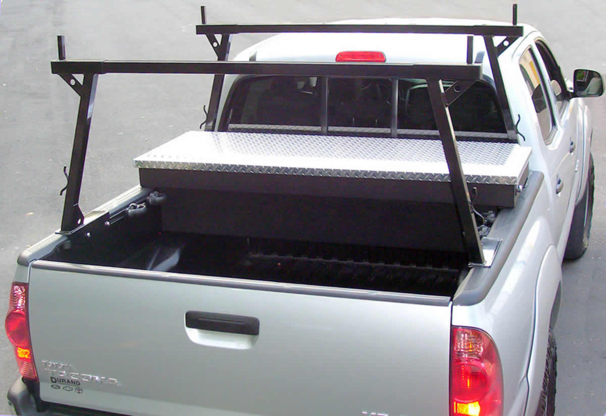 Adjustable Rail Truck Rack on Toyota Tacoma with Tool Box