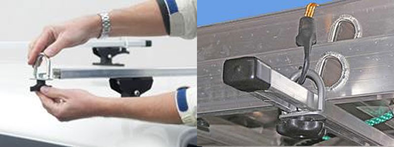 ATTACH ADJUSTABLE CARGO TIE-DOWNS. USING THE ADJUSTABLE TIE-DOWNS TO TIE-DOWN LADDERS OR OTHER CARGO IS EASY.